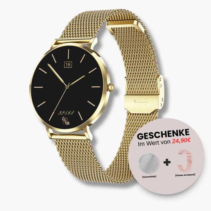 MIVORA Eleganza Mini in Gold mit Mesharmband und schwarzem Zifferblatt in schräger Vorderansicht