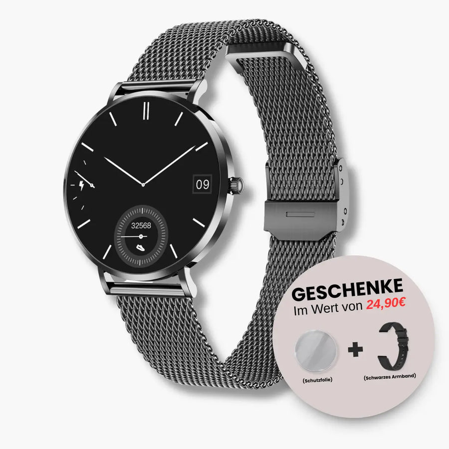 MIVORA Eleganza Mini in Schwarz mit Mesharmband und schwarzem Zifferblatt in schräger Vorderansicht